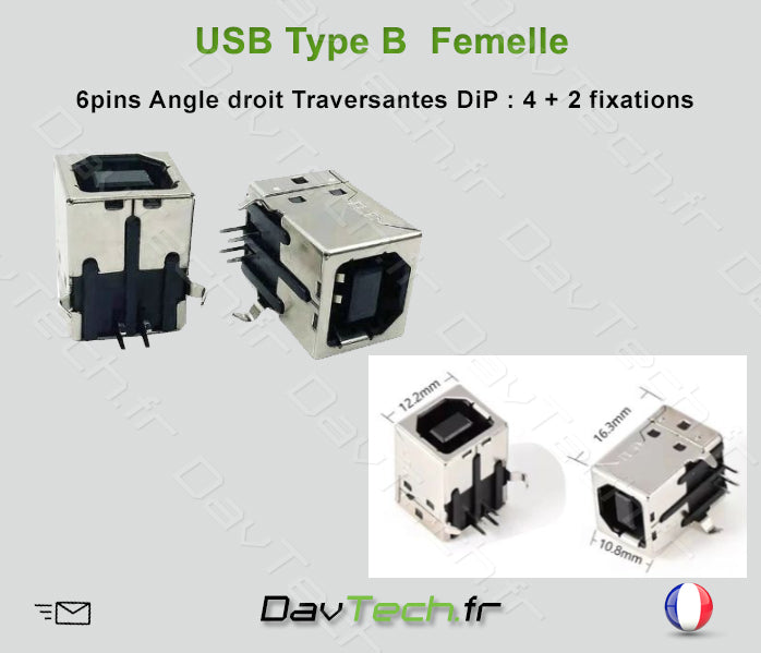 Connecteur Femelle USB Type B 6 (4+2) pins Traversantes angle droit