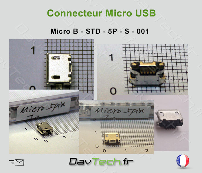 Connecteur Micro USB STANDARD (bottom) 5 pins fixations SMT/CMS