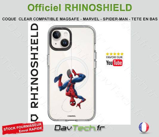 COQUE TRANSPARENTE CLEAR COMPATIBLE MAGSAFE - MARVEL - SPIDER-MAN - TETE EN BAS- POUR APPLE IPHONE 15 - RHINOSHIELD