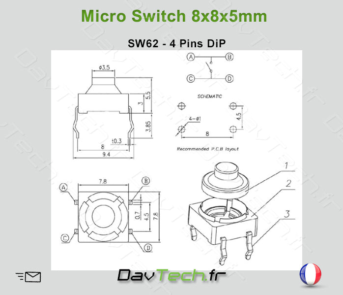 Micro switch 8x8x5mm 4 pins DiP bouton poussoir push