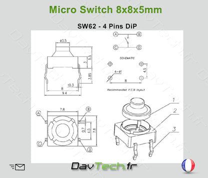 Micro switch 8x8x5mm 4 pins DiP bouton poussoir push