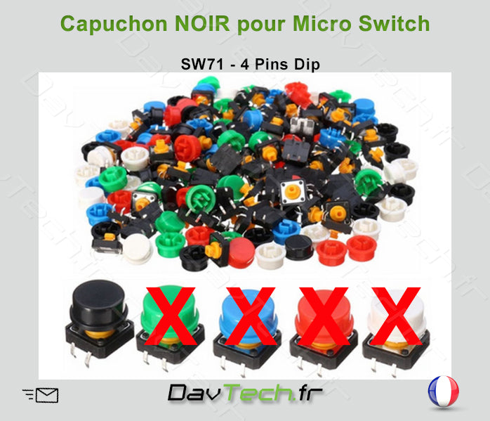 Capuchon NOIR pour Micro switch 12x12x7.3mm 4 pins DiP bouton poussoir push SW71