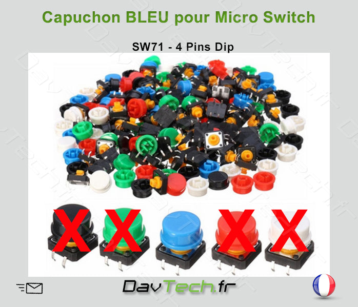 Capuchon BLEU pour Micro switch 12x12x7.3mm 4 pins DiP bouton poussoir push SW71