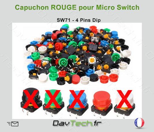 Capuchon ROUGE pour Micro switch 12x12x7.3mm 4 pins DiP bouton poussoir push SW71