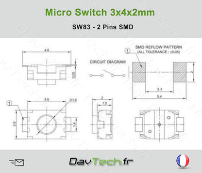 Micro switch 3x4x2mm 2 pins SMD bouton poussoir push button interrupteur