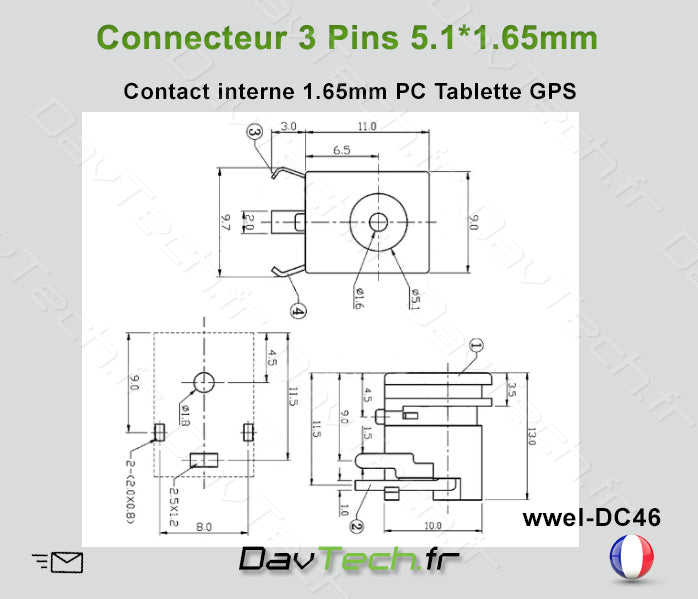 Connecteur de charge d'alimentation broche 5.1*1.65mm ordinateur portable tablette notebook