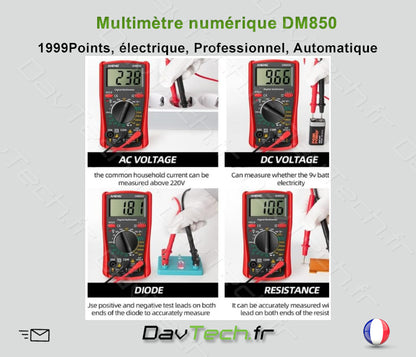 Multimètre numérique DM850 ROUGE , 1999 Points, électrique, Professionnel, Automatique, testeur de Tension AC/DC