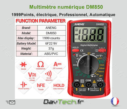 Multimètre numérique DM850 ROUGE , 1999 Points, électrique, Professionnel, Automatique, testeur de Tension AC/DC