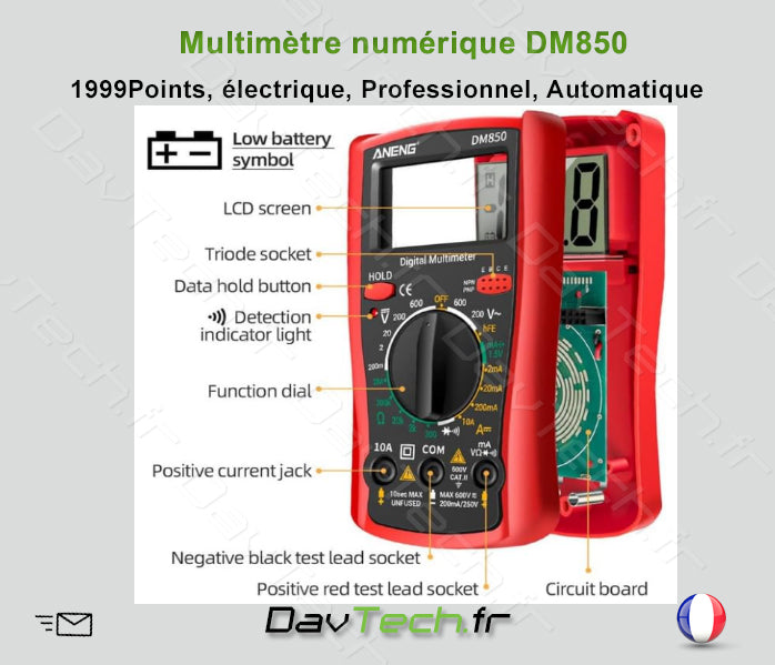 Multimètre numérique DM850 ROUGE , 1999 Points, électrique, Professionnel, Automatique, testeur de Tension AC/DC